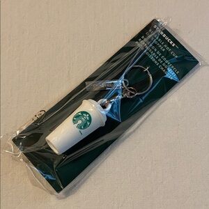 STARBUCKS Reusable Mini Cup Lid Stopper on Silver Keyring + Starbucks Charm, NWT